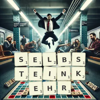Kreative Illustration für ein Scrabble-Spiel, bei dem das Wort SELBSTEINKEHR mit Steinen auf dem Brett gelegt wurde.