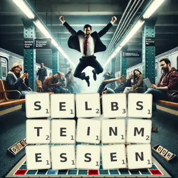Kreative Illustration für ein Scrabble-Spiel, bei dem das Wort SELBSTEINMESSEN mit Steinen auf dem Brett gelegt wurde.