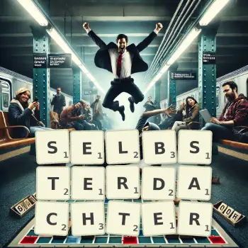 Kreative Illustration für ein Scrabble-Spiel, bei dem das Wort SELBSTERDACHTER mit Steinen auf dem Brett gelegt wurde.