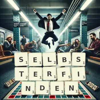 Kreative Illustration für ein Scrabble-Spiel, bei dem das Wort SELBSTERFINDEN mit Steinen auf dem Brett gelegt wurde.