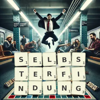 Kreative Illustration für ein Scrabble-Spiel, bei dem das Wort SELBSTERFINDUNG mit Steinen auf dem Brett gelegt wurde.