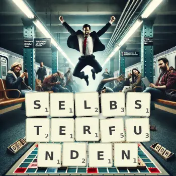 Kreative Illustration für ein Scrabble-Spiel, bei dem das Wort SELBSTERFUNDEN mit Steinen auf dem Brett gelegt wurde.