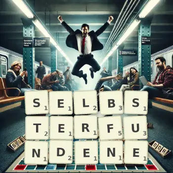Kreative Illustration für ein Scrabble-Spiel, bei dem das Wort SELBSTERFUNDENE mit Steinen auf dem Brett gelegt wurde.