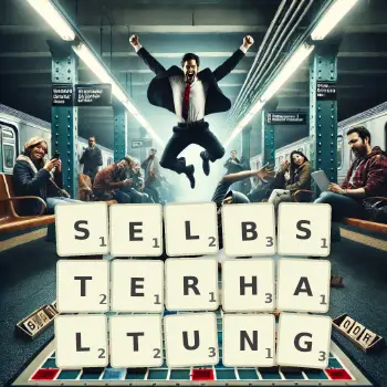 Kreative Illustration für ein Scrabble-Spiel, bei dem das Wort SELBSTERHALTUNG mit Steinen auf dem Brett gelegt wurde.