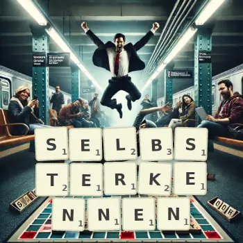 Kreative Illustration für ein Scrabble-Spiel, bei dem das Wort SELBSTERKENNEN mit Steinen auf dem Brett gelegt wurde.