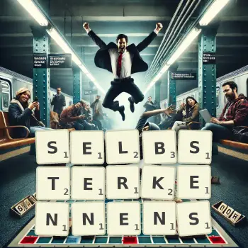 Kreative Illustration für ein Scrabble-Spiel, bei dem das Wort SELBSTERKENNENS mit Steinen auf dem Brett gelegt wurde.