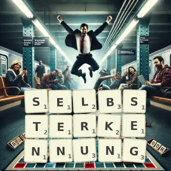 Kreative Illustration für ein Scrabble-Spiel, bei dem das Wort SELBSTERKENNUNG mit Steinen auf dem Brett gelegt wurde.