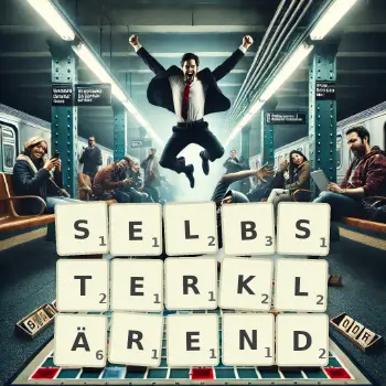 Kreative Illustration für ein Scrabble-Spiel, bei dem das Wort SELBSTERKLÄREND mit Steinen auf dem Brett gelegt wurde.