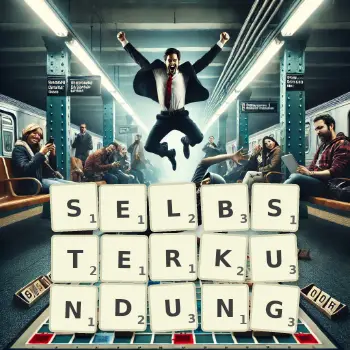 Kreative Illustration für ein Scrabble-Spiel, bei dem das Wort SELBSTERKUNDUNG mit Steinen auf dem Brett gelegt wurde.