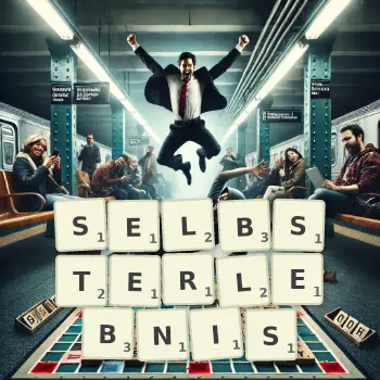 Kreative Illustration für ein Scrabble-Spiel, bei dem das Wort SELBSTERLEBNIS mit Steinen auf dem Brett gelegt wurde.