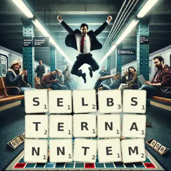 Kreative Illustration für ein Scrabble-Spiel, bei dem das Wort SELBSTERNANNTEM mit Steinen auf dem Brett gelegt wurde.