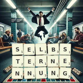 Kreative Illustration für ein Scrabble-Spiel, bei dem das Wort SELBSTERNENNUNG mit Steinen auf dem Brett gelegt wurde.