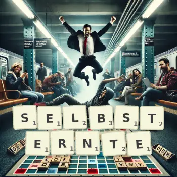 Kreative Illustration für ein Scrabble-Spiel, bei dem das Wort SELBSTERNTE mit Steinen auf dem Brett gelegt wurde.