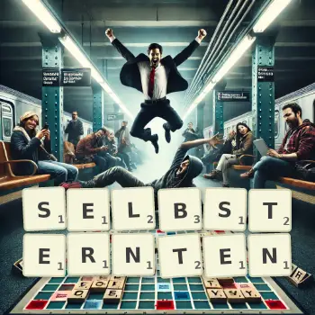 Kreative Illustration für ein Scrabble-Spiel, bei dem das Wort SELBSTERNTEN mit Steinen auf dem Brett gelegt wurde.