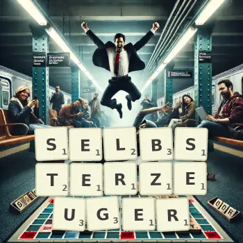 Kreative Illustration für ein Scrabble-Spiel, bei dem das Wort SELBSTERZEUGER mit Steinen auf dem Brett gelegt wurde.