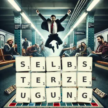 Kreative Illustration für ein Scrabble-Spiel, bei dem das Wort SELBSTERZEUGUNG mit Steinen auf dem Brett gelegt wurde.