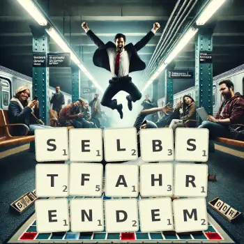 Kreative Illustration für ein Scrabble-Spiel, bei dem das Wort SELBSTFAHRENDEM mit Steinen auf dem Brett gelegt wurde.