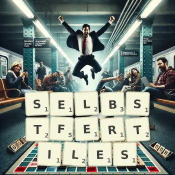 Kreative Illustration für ein Scrabble-Spiel, bei dem das Wort SELBSTFERTILES mit Steinen auf dem Brett gelegt wurde.