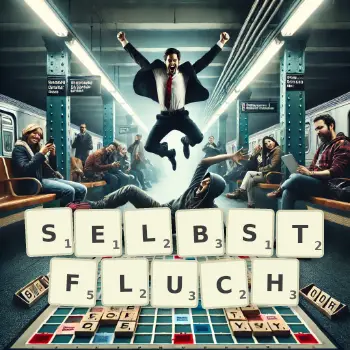 Kreative Illustration für ein Scrabble-Spiel, bei dem das Wort SELBSTFLUCH mit Steinen auf dem Brett gelegt wurde.