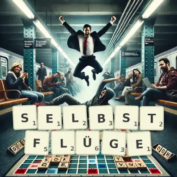 Kreative Illustration für ein Scrabble-Spiel, bei dem das Wort SELBSTFLÜGE mit Steinen auf dem Brett gelegt wurde.