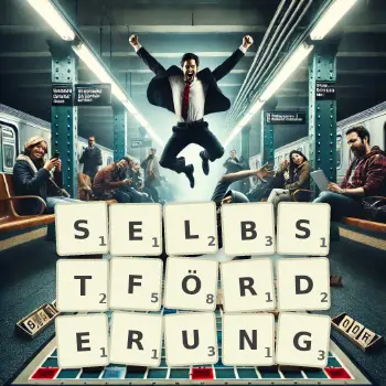 Kreative Illustration für ein Scrabble-Spiel, bei dem das Wort SELBSTFÖRDERUNG mit Steinen auf dem Brett gelegt wurde.