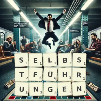 Kreative Illustration für ein Scrabble-Spiel, bei dem das Wort SELBSTFÜHRUNGEN mit Steinen auf dem Brett gelegt wurde.