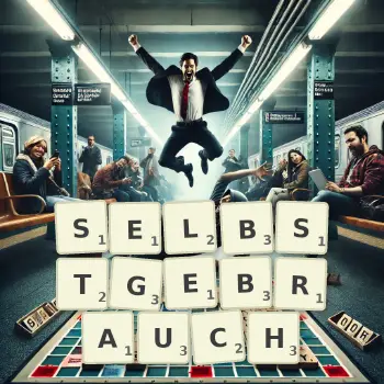 Kreative Illustration für ein Scrabble-Spiel, bei dem das Wort SELBSTGEBRAUCH mit Steinen auf dem Brett gelegt wurde.