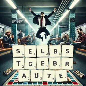 Kreative Illustration für ein Scrabble-Spiel, bei dem das Wort SELBSTGEBRAUTE mit Steinen auf dem Brett gelegt wurde.