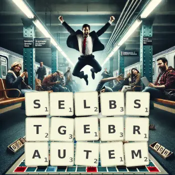 Kreative Illustration für ein Scrabble-Spiel, bei dem das Wort SELBSTGEBRAUTEM mit Steinen auf dem Brett gelegt wurde.