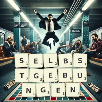 Kreative Illustration für ein Scrabble-Spiel, bei dem das Wort SELBSTGEBUNGEN mit Steinen auf dem Brett gelegt wurde.