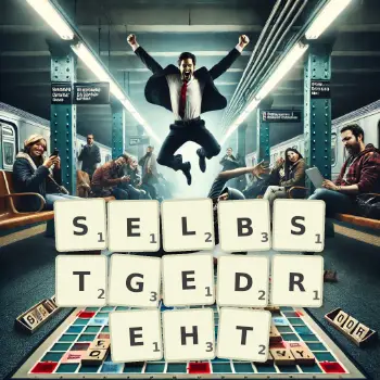 Kreative Illustration für ein Scrabble-Spiel, bei dem das Wort SELBSTGEDREHT mit Steinen auf dem Brett gelegt wurde.