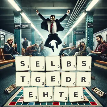 Kreative Illustration für ein Scrabble-Spiel, bei dem das Wort SELBSTGEDREHTE mit Steinen auf dem Brett gelegt wurde.