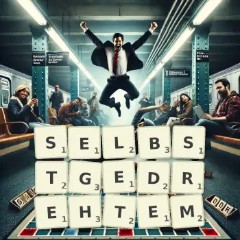 Kreative Illustration für ein Scrabble-Spiel, bei dem das Wort SELBSTGEDREHTEM mit Steinen auf dem Brett gelegt wurde.