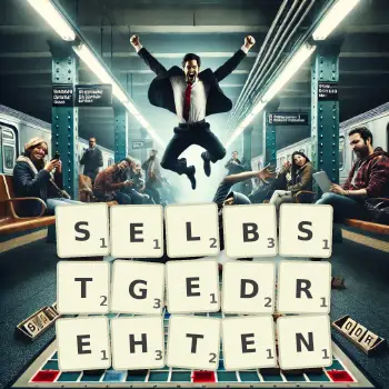 Kreative Illustration für ein Scrabble-Spiel, bei dem das Wort SELBSTGEDREHTEN mit Steinen auf dem Brett gelegt wurde.