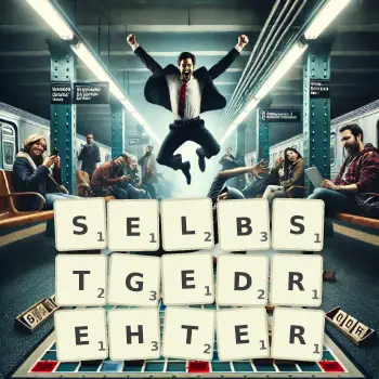 Kreative Illustration für ein Scrabble-Spiel, bei dem das Wort SELBSTGEDREHTER mit Steinen auf dem Brett gelegt wurde.