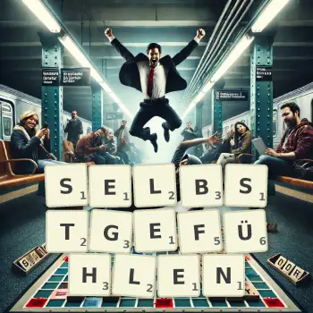 Kreative Illustration für ein Scrabble-Spiel, bei dem das Wort SELBSTGEFÜHLEN mit Steinen auf dem Brett gelegt wurde.