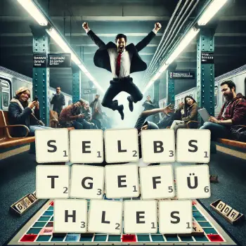 Kreative Illustration für ein Scrabble-Spiel, bei dem das Wort SELBSTGEFÜHLES mit Steinen auf dem Brett gelegt wurde.