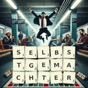 Kreative Illustration für ein Scrabble-Spiel, bei dem das Wort SELBSTGEMACHTER mit Steinen auf dem Brett gelegt wurde.