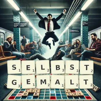 Kreative Illustration für ein Scrabble-Spiel, bei dem das Wort SELBSTGEMALT mit Steinen auf dem Brett gelegt wurde.