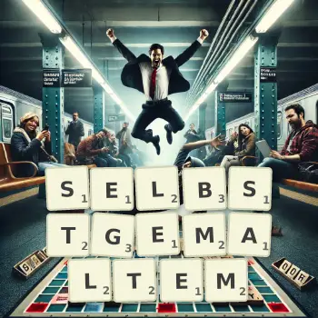 Kreative Illustration für ein Scrabble-Spiel, bei dem das Wort SELBSTGEMALTEM mit Steinen auf dem Brett gelegt wurde.