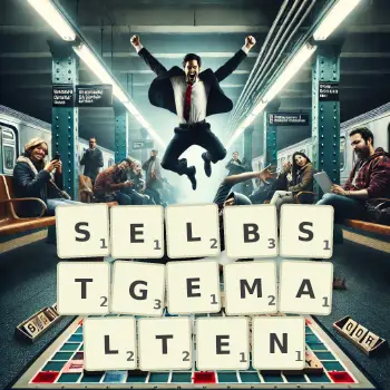 Kreative Illustration für ein Scrabble-Spiel, bei dem das Wort SELBSTGEMALTEN mit Steinen auf dem Brett gelegt wurde.