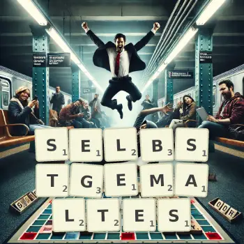 Kreative Illustration für ein Scrabble-Spiel, bei dem das Wort SELBSTGEMALTES mit Steinen auf dem Brett gelegt wurde.