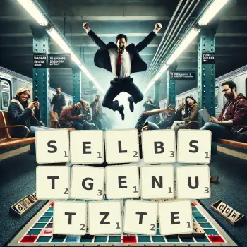 Kreative Illustration für ein Scrabble-Spiel, bei dem das Wort SELBSTGENUTZTE mit Steinen auf dem Brett gelegt wurde.