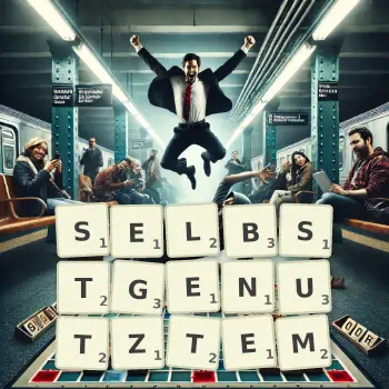 Kreative Illustration für ein Scrabble-Spiel, bei dem das Wort SELBSTGENUTZTEM mit Steinen auf dem Brett gelegt wurde.