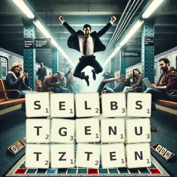 Kreative Illustration für ein Scrabble-Spiel, bei dem das Wort SELBSTGENUTZTEN mit Steinen auf dem Brett gelegt wurde.