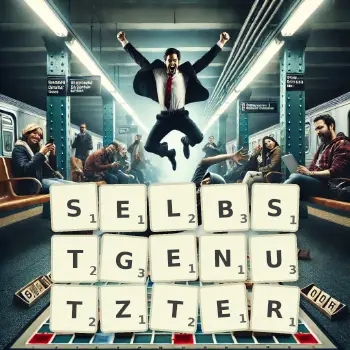 Kreative Illustration für ein Scrabble-Spiel, bei dem das Wort SELBSTGENUTZTER mit Steinen auf dem Brett gelegt wurde.