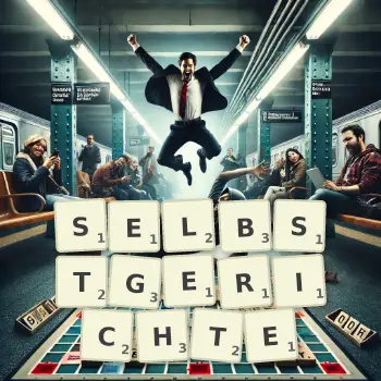 Kreative Illustration für ein Scrabble-Spiel, bei dem das Wort SELBSTGERICHTE mit Steinen auf dem Brett gelegt wurde.