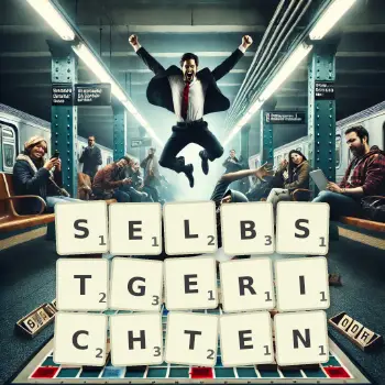 Kreative Illustration für ein Scrabble-Spiel, bei dem das Wort SELBSTGERICHTEN mit Steinen auf dem Brett gelegt wurde.