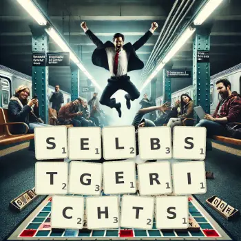 Kreative Illustration für ein Scrabble-Spiel, bei dem das Wort SELBSTGERICHTS mit Steinen auf dem Brett gelegt wurde.