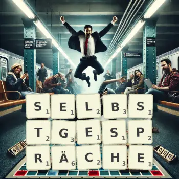Kreative Illustration für ein Scrabble-Spiel, bei dem das Wort SELBSTGESPRÄCHE mit Steinen auf dem Brett gelegt wurde.